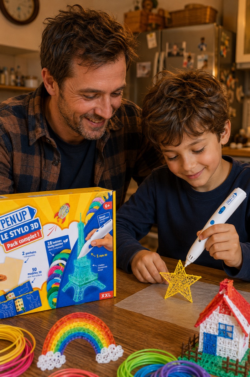 Ein Kind hält den Pen'Up 3D-Stift und eines seiner Werke
